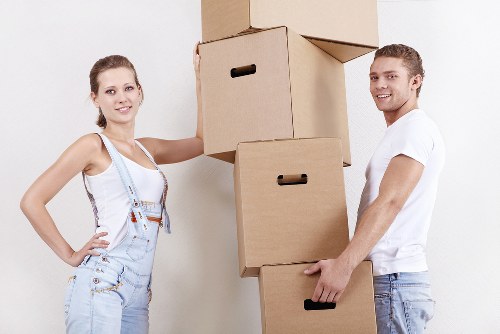 Packed boxes loaded into a moving truck in Pinner